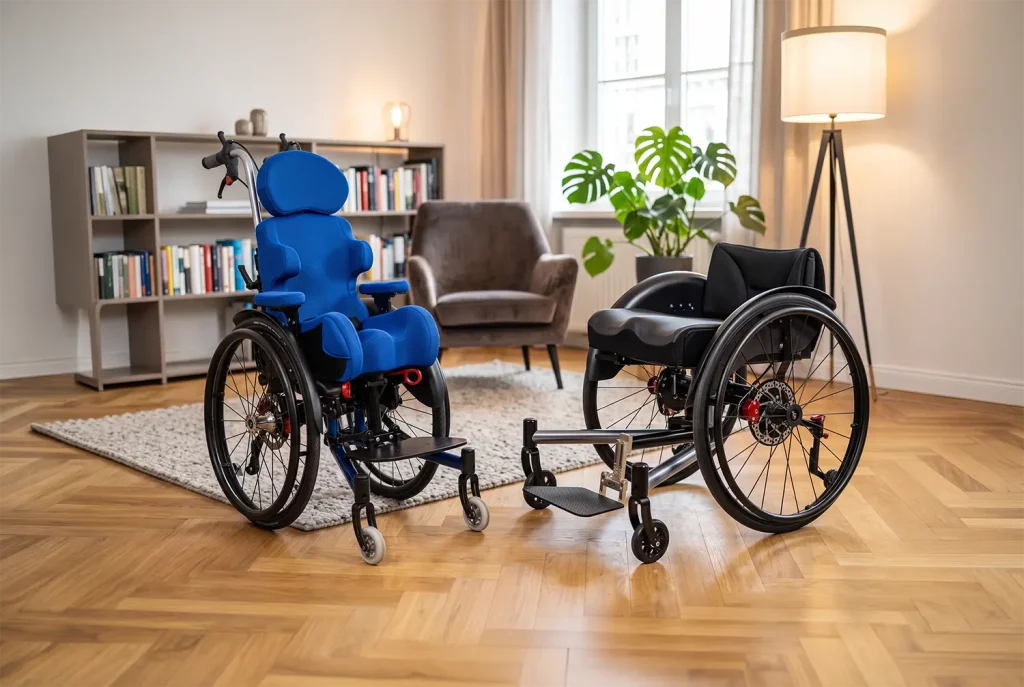 CAMEO tilt mit blauer Sitzschale und CAMEO active nebeneinander in einem Wohnraum
