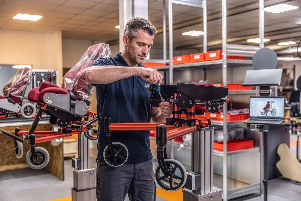 Mitarbeiter montiert in der Werkstatt einen CAMEO Rollstuhl