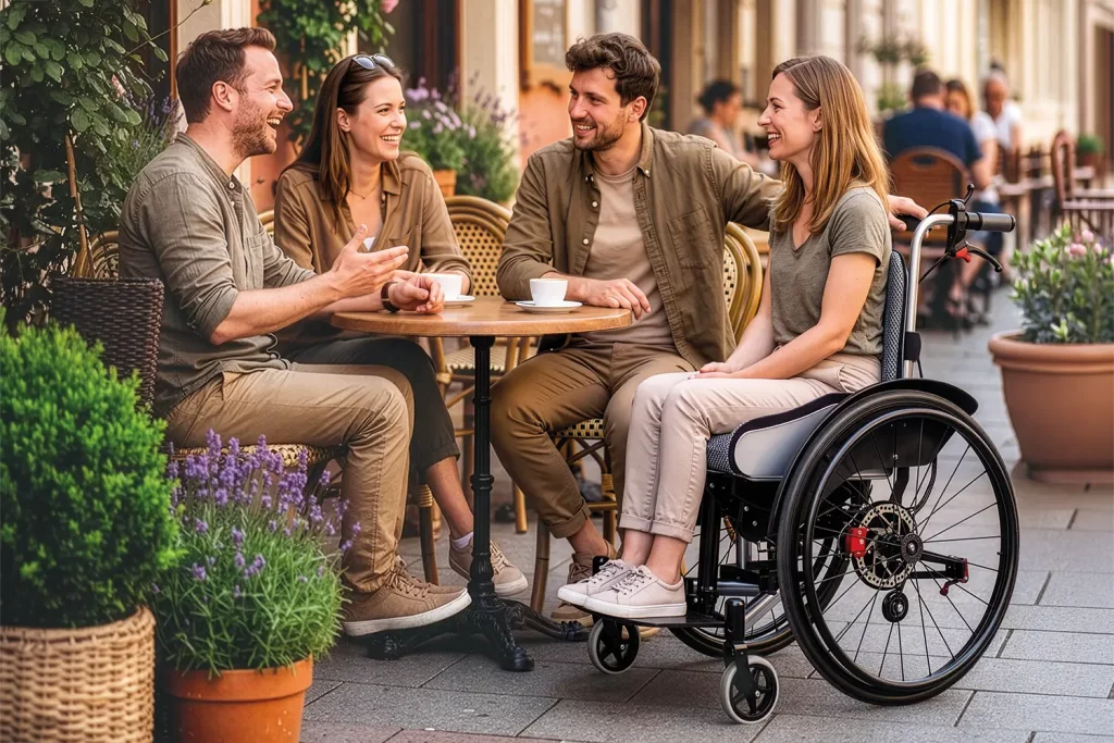 Vier Personen an einem Cafétisch, eine davon sitzt im CAMEO