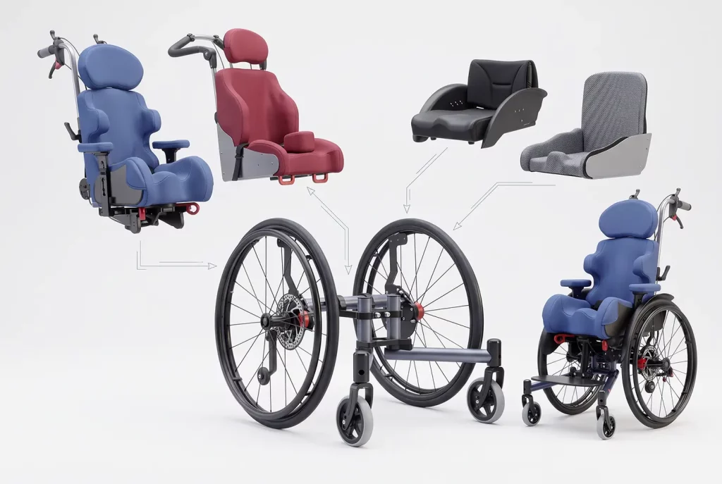CAMEO Baukasten: Sitzschalen in Blau und Rot sowie flache Sitze mit Fahrgestell, Rädern und Anbauteilen