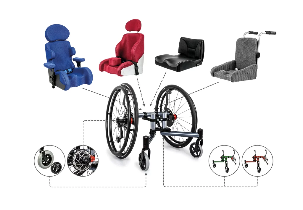 CAMEO Baukasten: Sitzschalen in Blau und Rot sowie flache Sitze mit Fahrgestell, Rädern und Anbauteilen