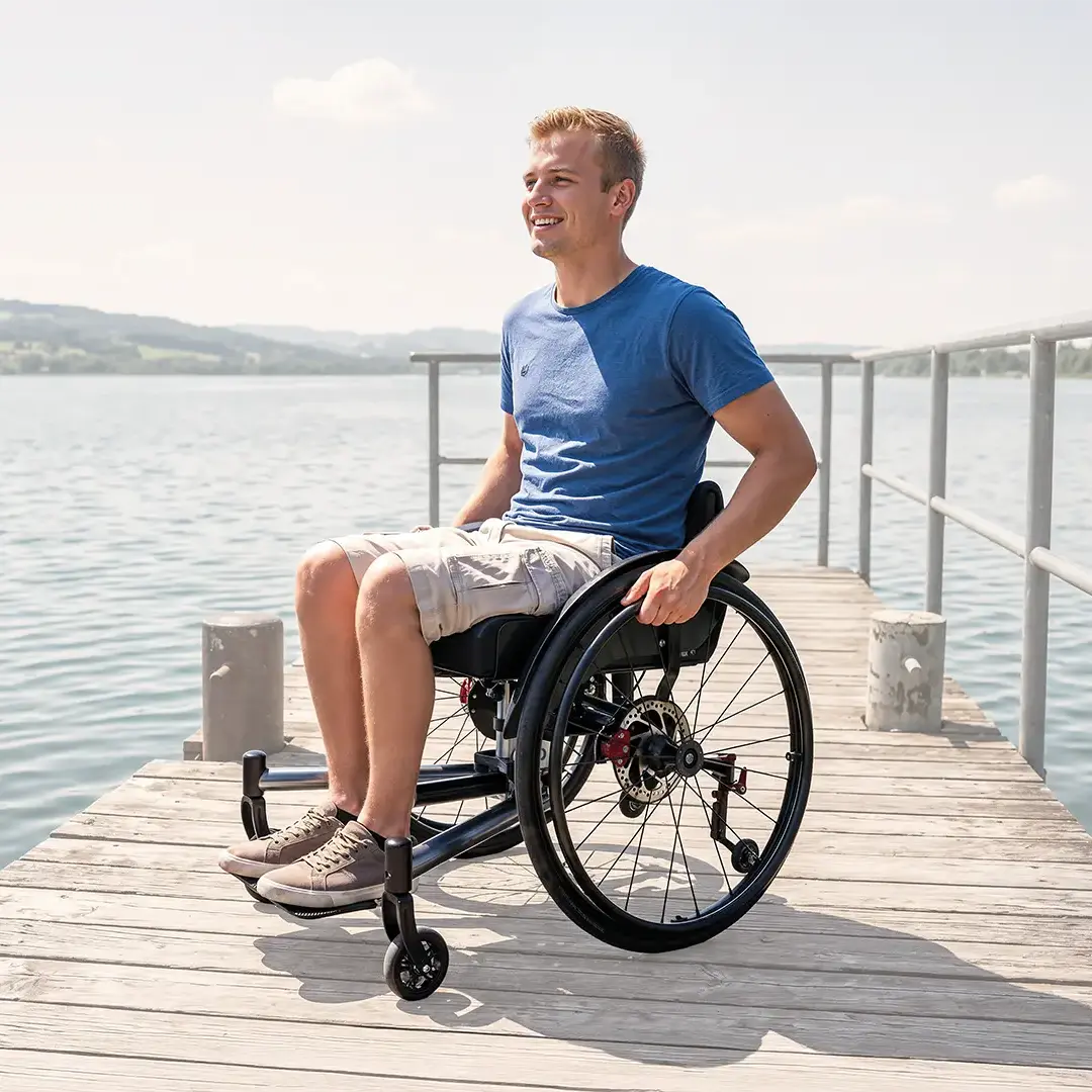 Junger Mann im CAMEO active auf einem Holzsteg am See